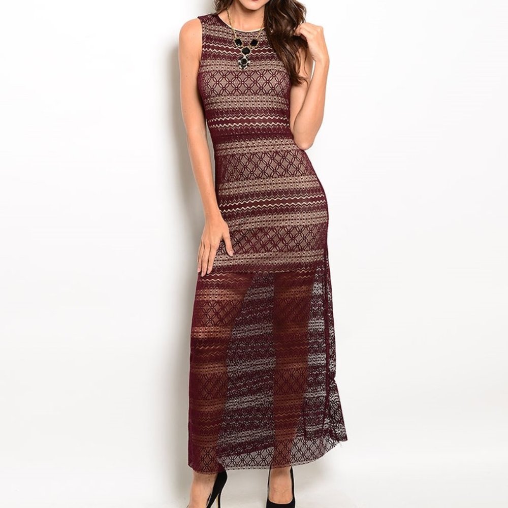 Closet Closeout Sale! Burgundy Lace Sleeveless Long Dress